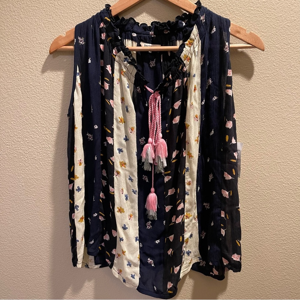 Navy Blue and Cream Tie Front Relaxed Blouse